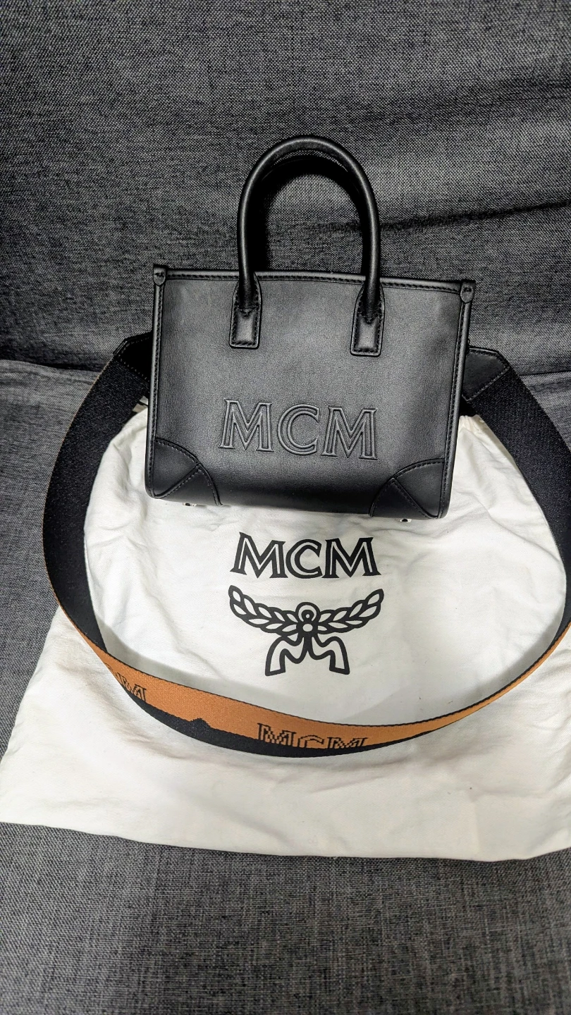 MCM Black Leather Top Handle Bag with Logo Strap