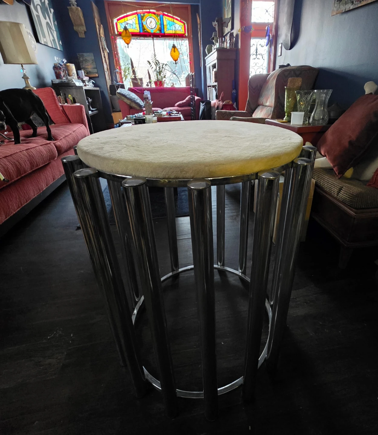 Chrome and Fabric Round Side Table/Stool