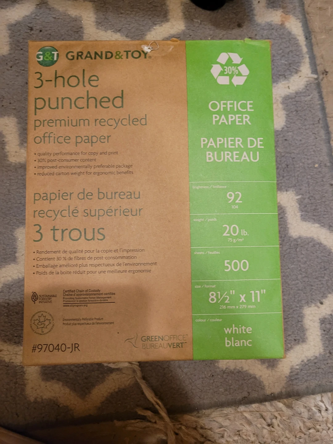 G&T Grand & Toy 3-Hole Punched Premium Recycled Office Paper