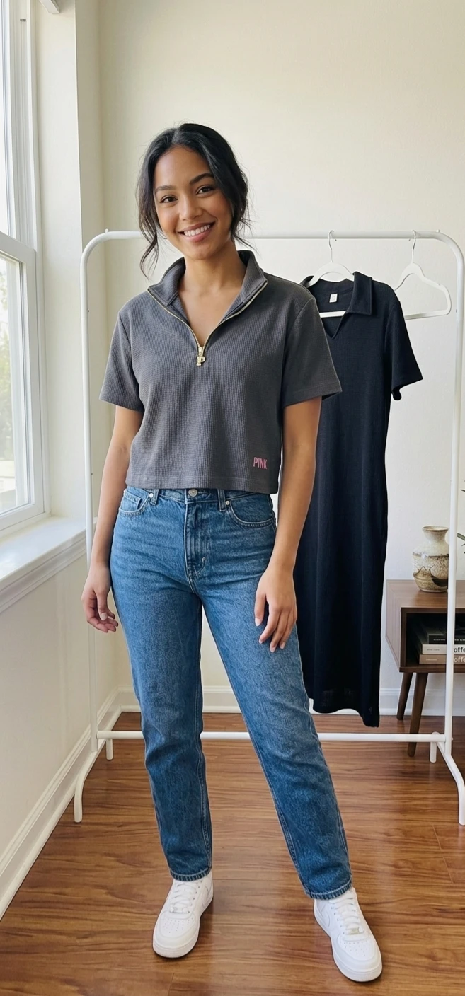 👗 Waffle Knit Crop Top + T-Shirt Dress with Pockets