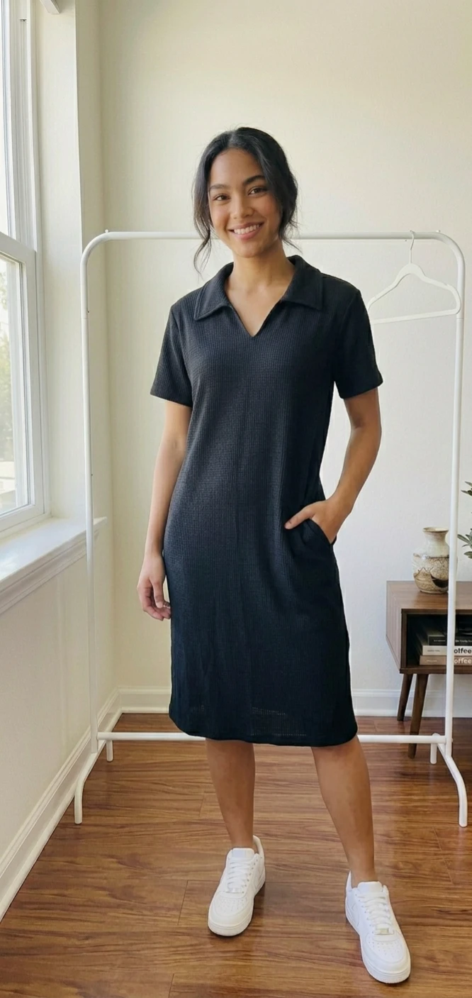 👗 Waffle Knit Crop Top + T-Shirt Dress with Pockets - photo 2