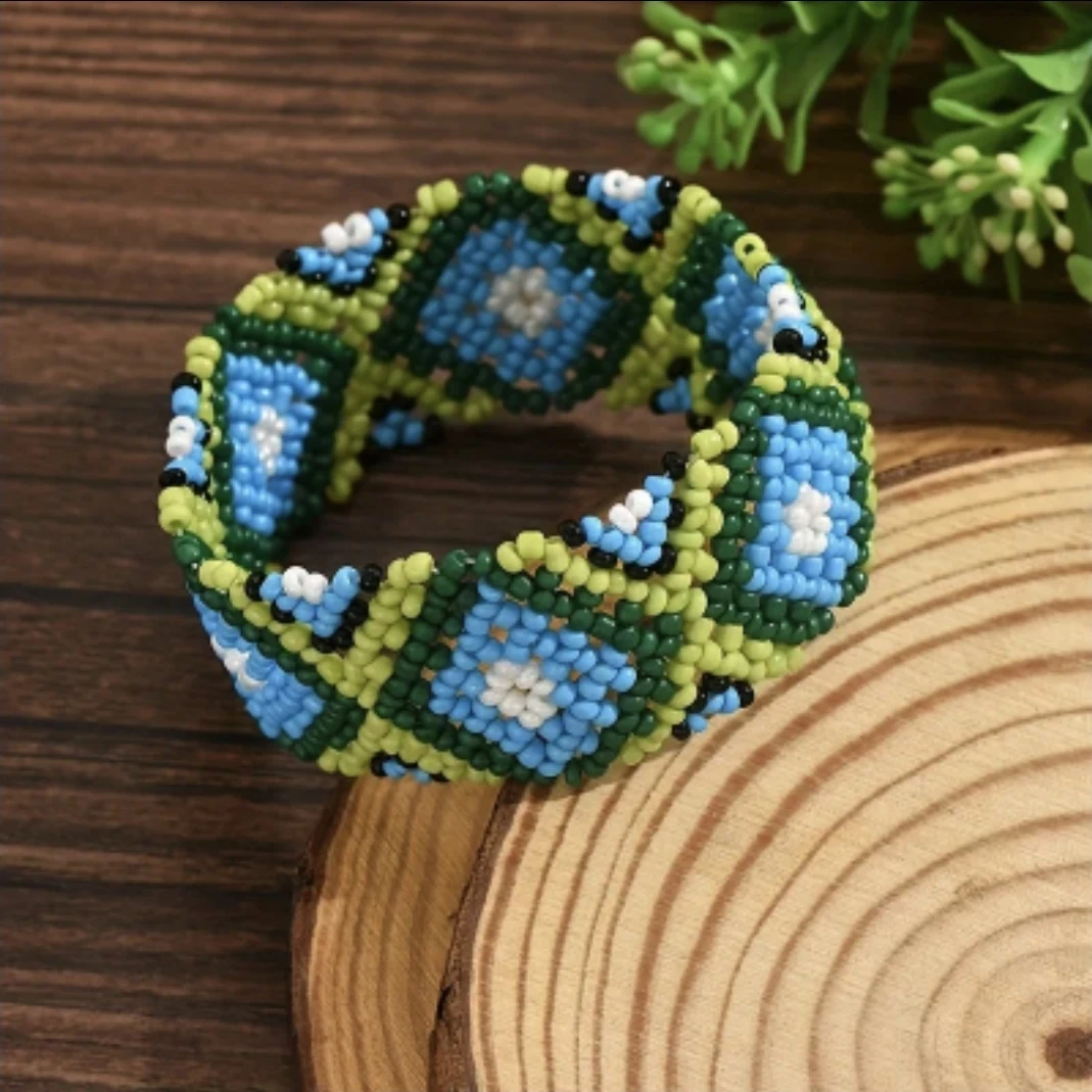 Handmade Geometric Beaded Cuff Bracelet • 3 Colors - photo 3
