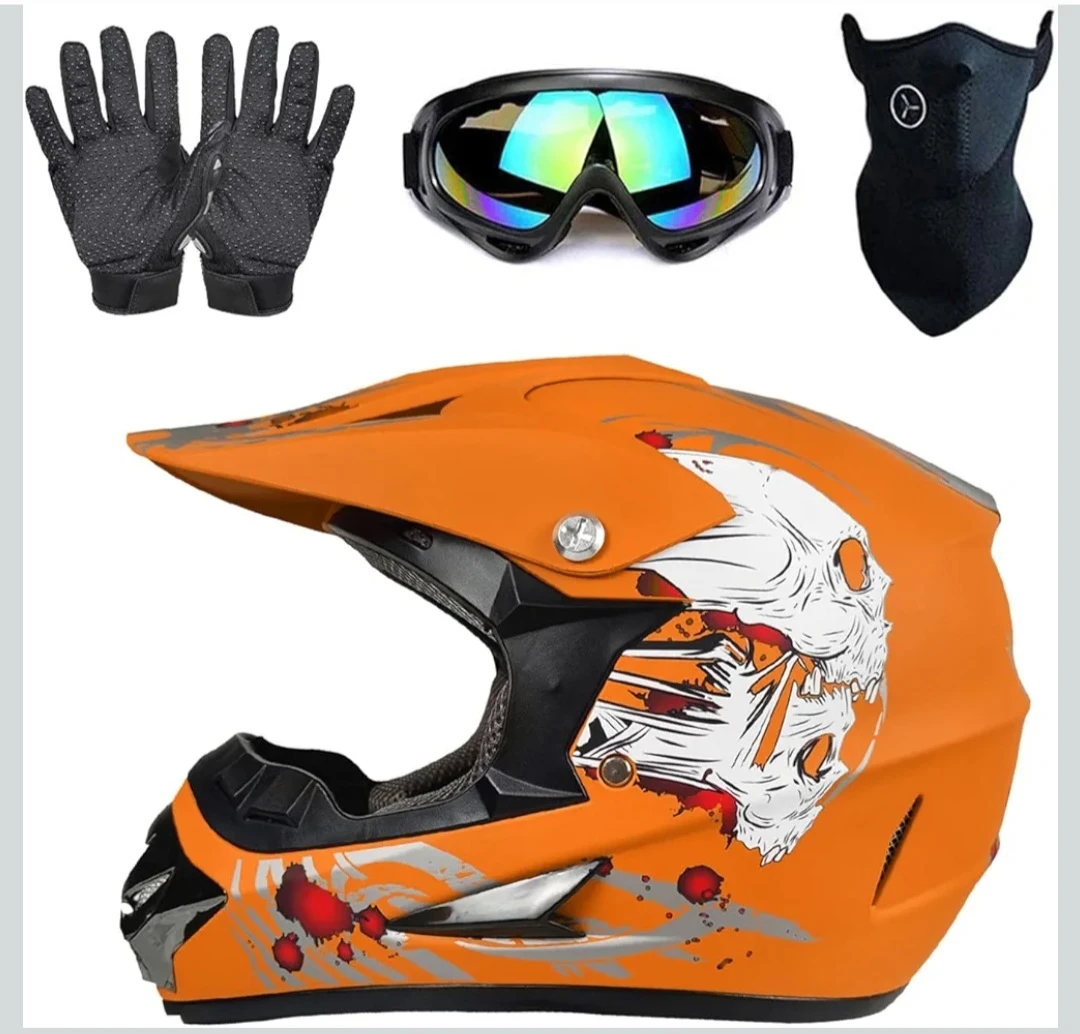 Orange Motocross Helmet with Goggles, Gloves, and Face Mask