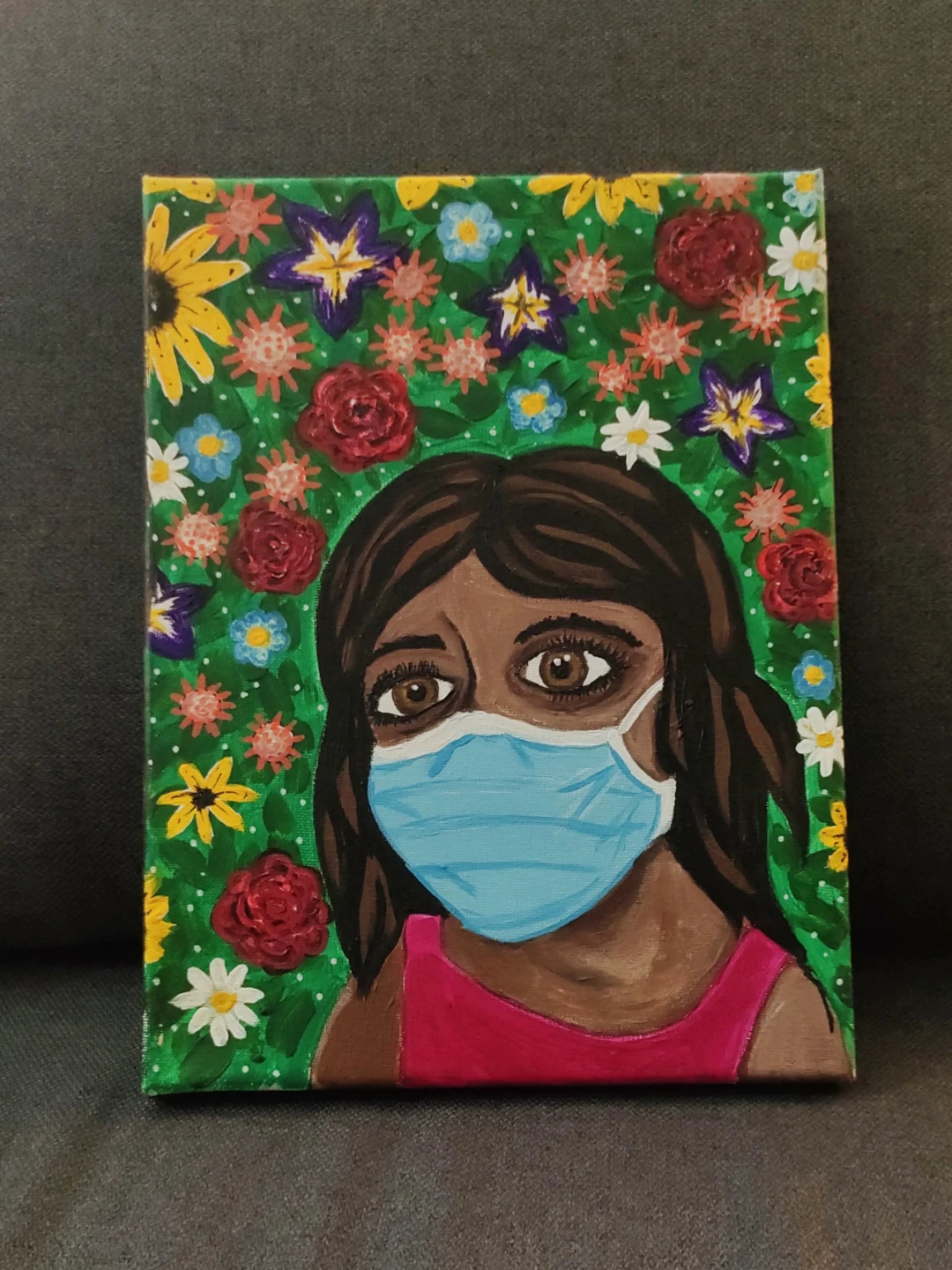 Original Acrylic Painting: Woman with Mask and Flowers