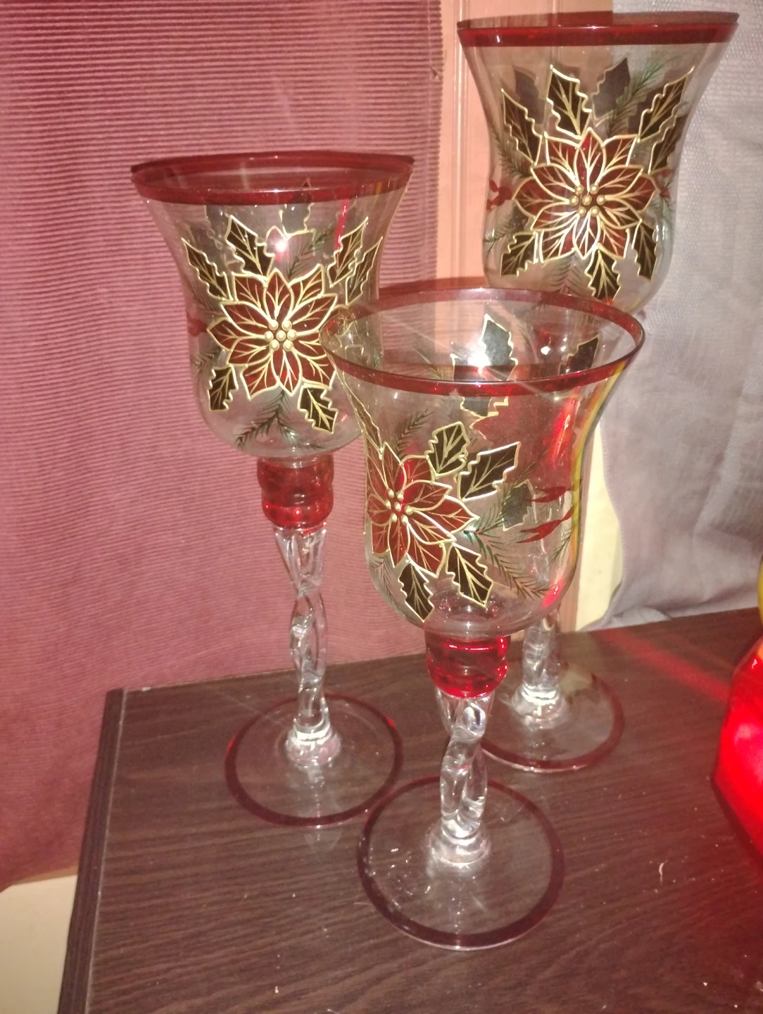 Set of 3 Christmas Poinsettia Hurricane Candle Holders