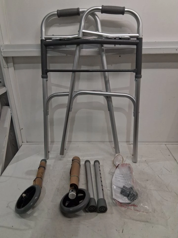 NEW- Medline Two-Button Folding Walker with Wheels, 5-Inch