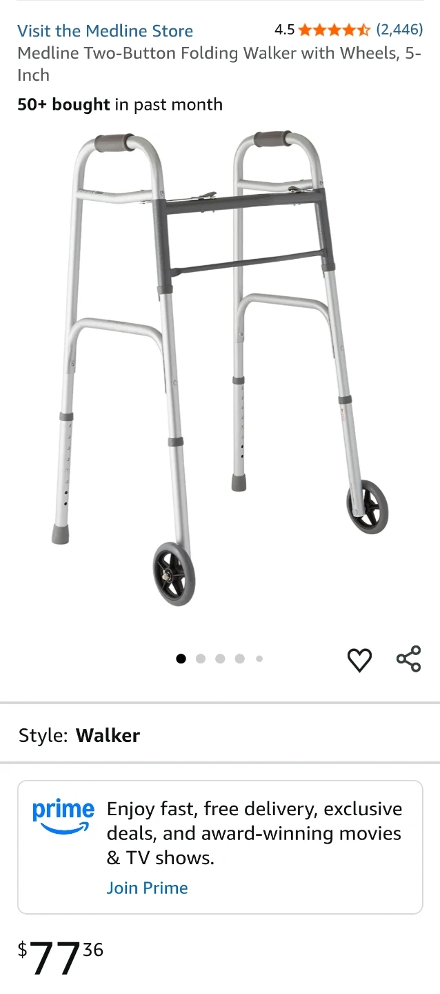 NEW- Medline Two-Button Folding Walker with Wheels, 5-Inch - photo 3