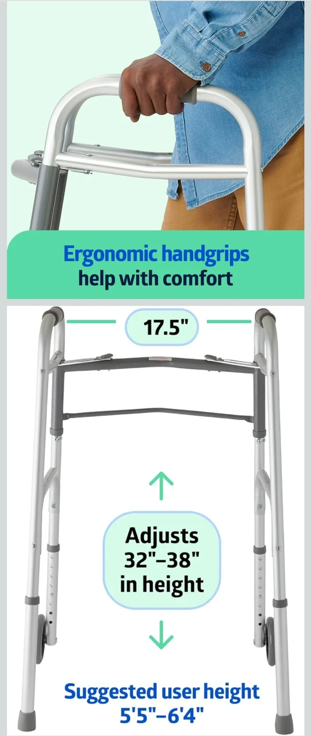 NEW- Medline Two-Button Folding Walker with Wheels, 5-Inch - photo 5