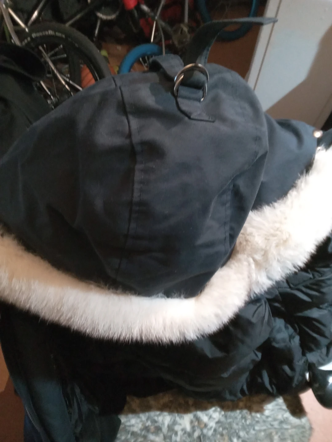 Moose Knuckles Navy Bomber Jacket with Fur Hood