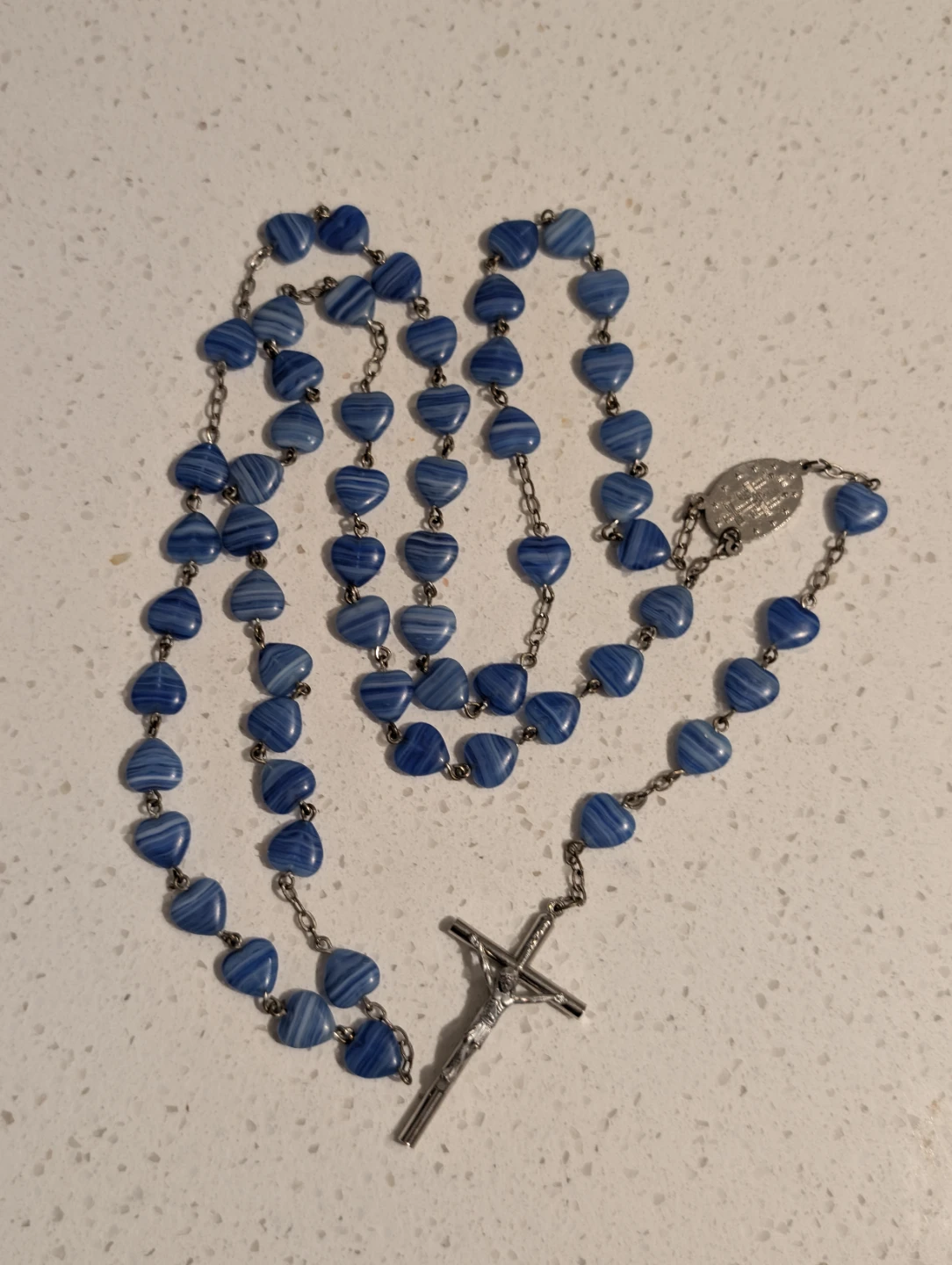 Vintage Italian "Blue Marble" Glass Heart Rosary