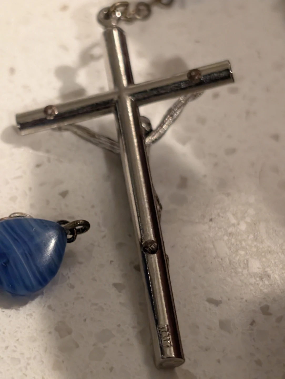 Vintage Italian "Blue Marble" Glass Heart Rosary - photo 5