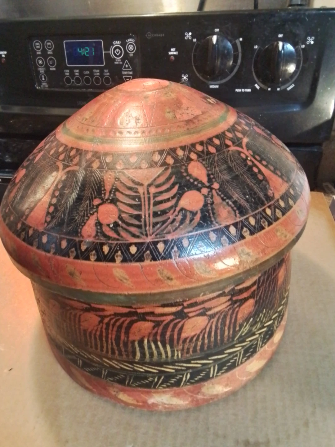 Antique Hand-Painted Mongolian Wood Lidded Bowl shaped like Yurt