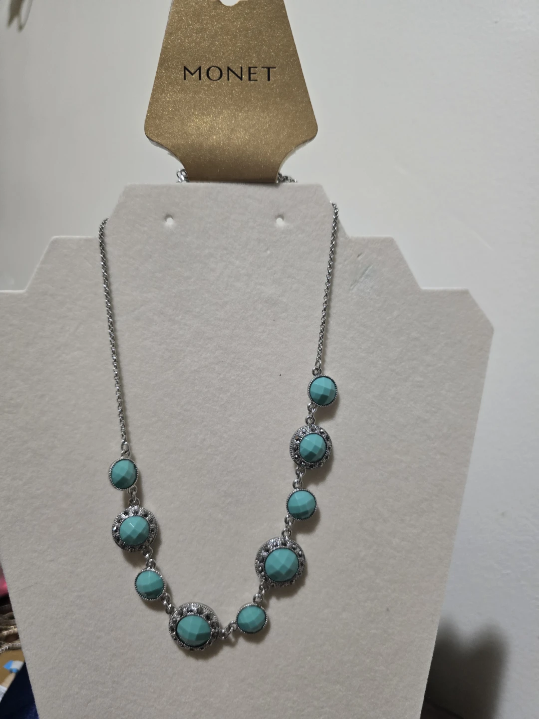 Monet Turquoise Beaded Necklace Silver Tone