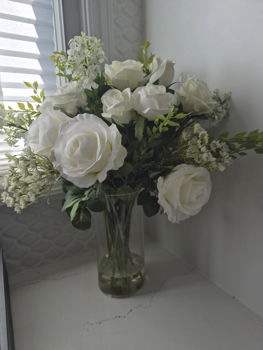 White Artificial Rose Bouquet with Glass Vase - photo 2