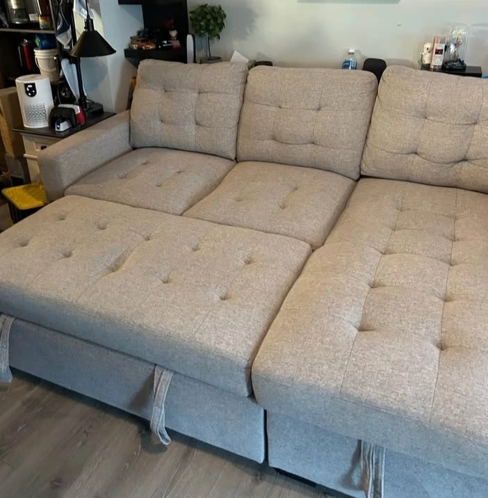 Light Beige Tufted Sectional Sofa with Storage