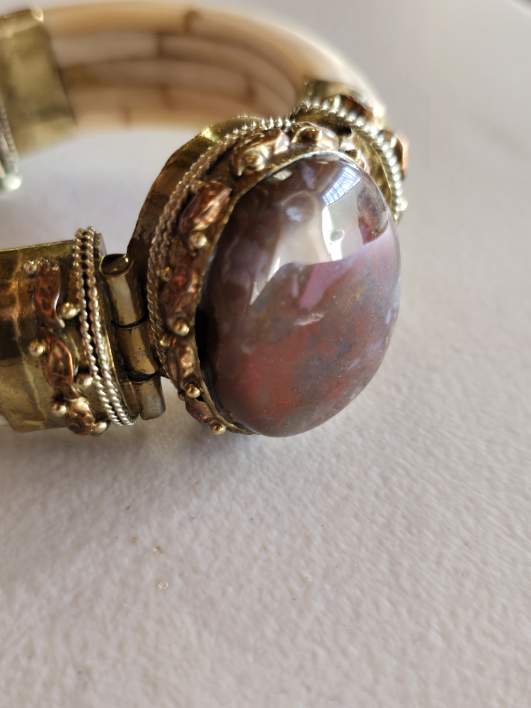 Vintage Bone and Gemstone Hinged Bangle Bracelet - photo 2