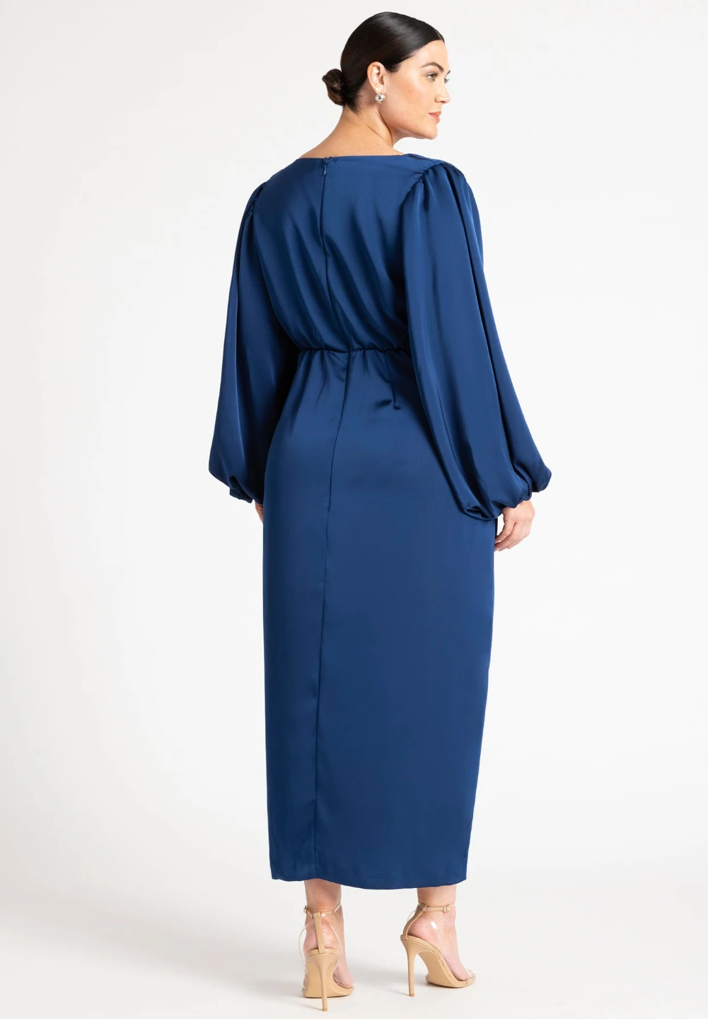 Satin Puff Sleeve Pleated Dress Size 18 Estate Blue - photo 3