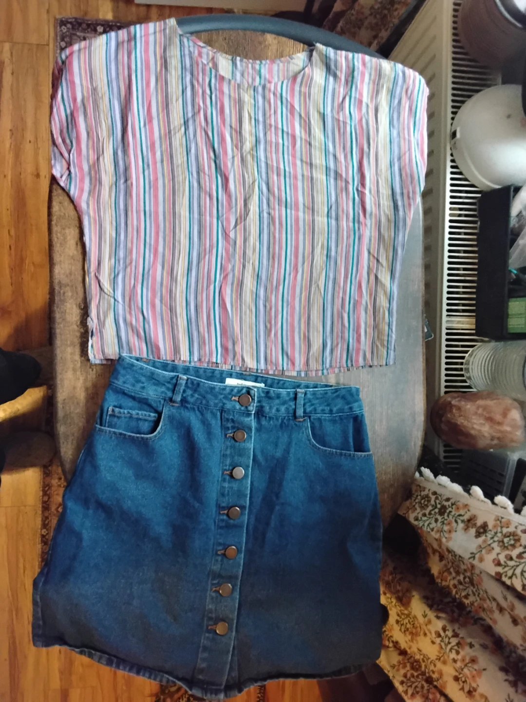 twikDENIM Jean Skirt & Striped Blouse Set