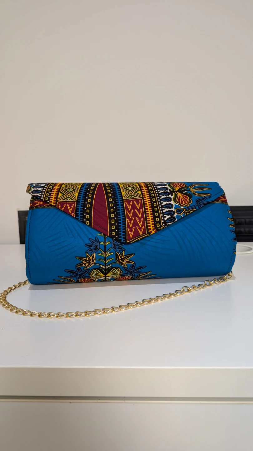 Clutch Purse with Chain - Blue African Print