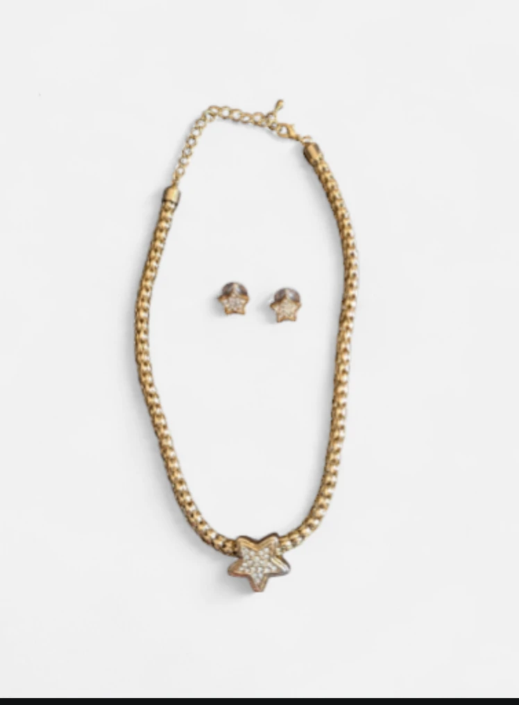 Gold Star Necklace and Earrings Set with Rhinestones