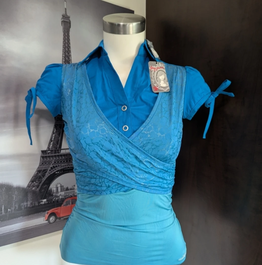 Blue Short Sleeve Collared Wrap Top - photo 4