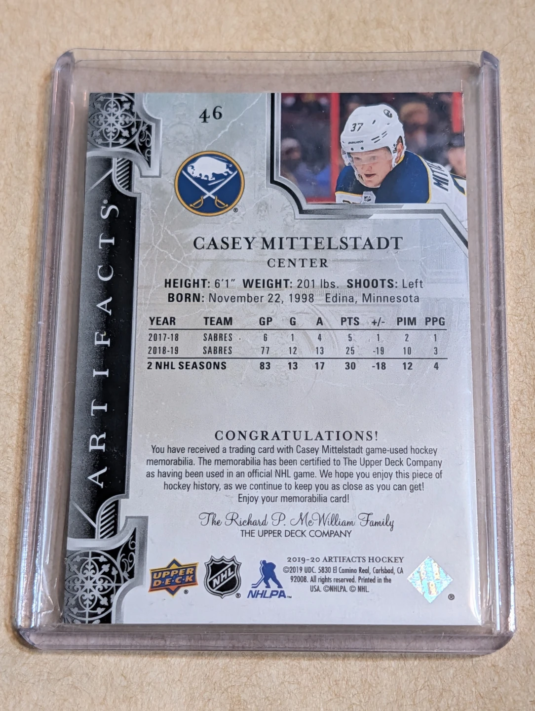 2019-20 Upper Deck Artifacts Hockey Card Casey Mittelstadt 49/65 - photo 2