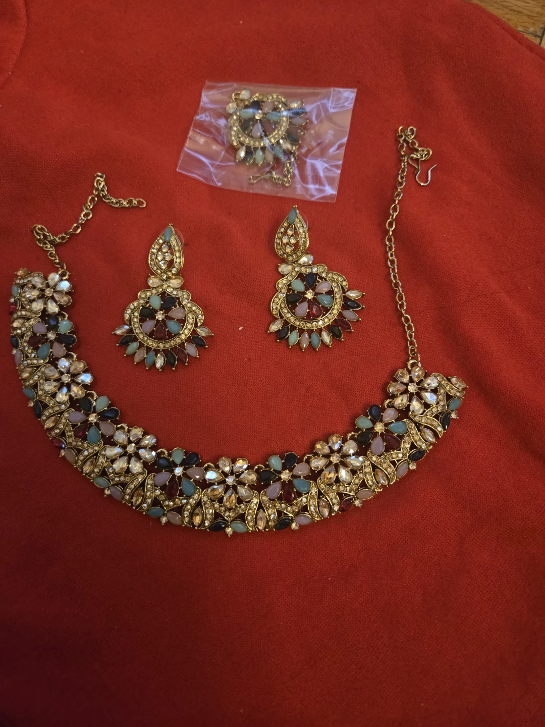 Multi-colour Rhinestone Necklace and Earring Set with Tikka
