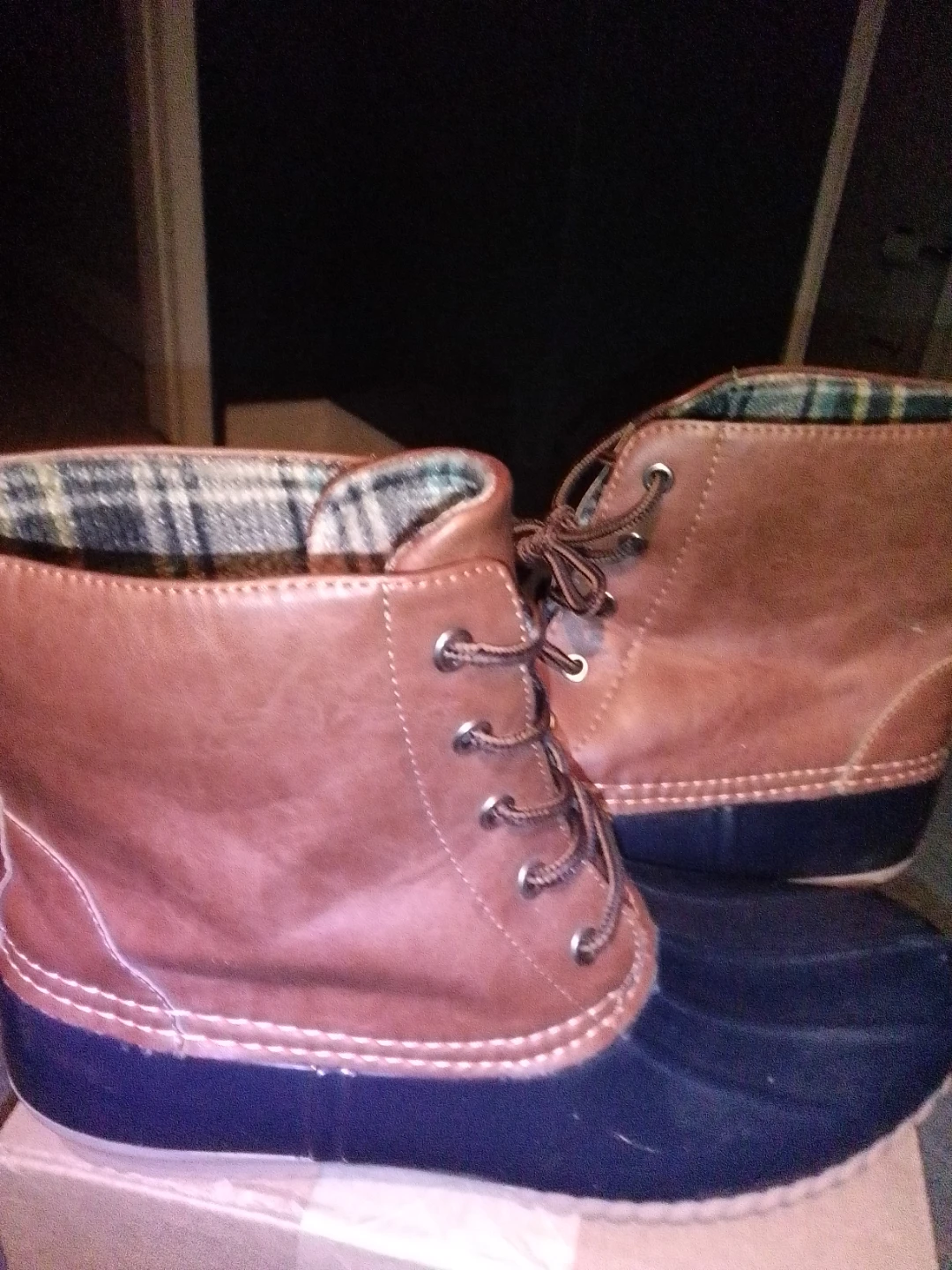 Women's Brown & Blue Duck Boots with Plaid Lining