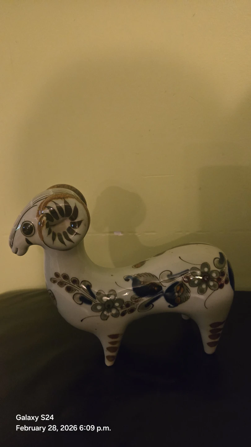 Ceramic Ram Figurine with Floral Design