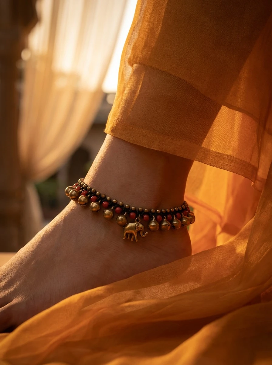 Elephant Charm Anklet with Red Beads and Bells🏆