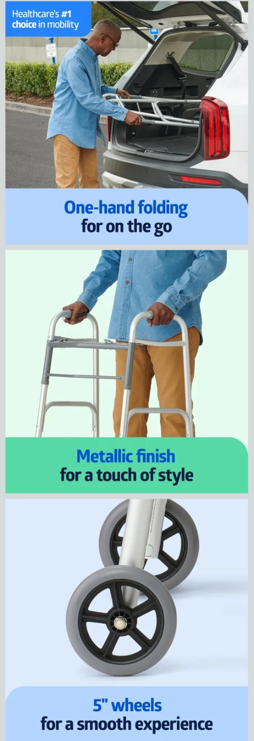 NEW- Medline Two-Button Folding Walker with Wheels, 5-Inch - photo 4