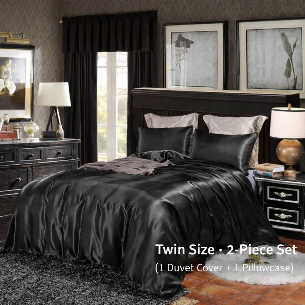 Erosebridal Black Satin-Like Duvet Cover Set Twin | 2-Piece