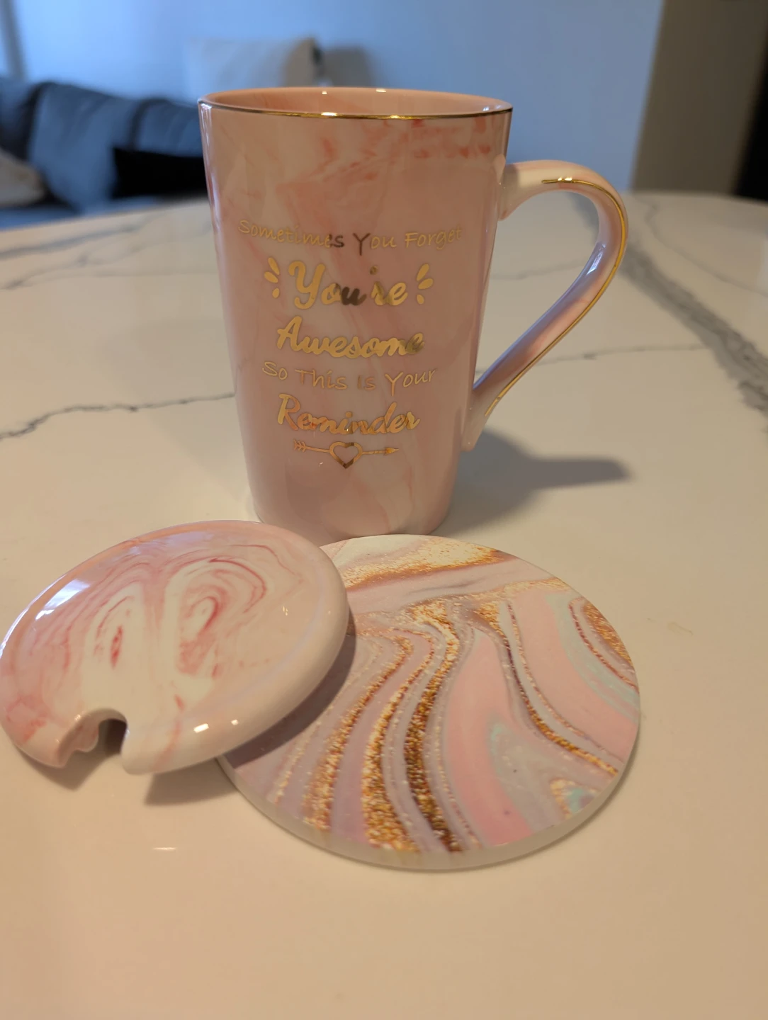 Pink Marble Mug with Lid and Coaster - photo 2
