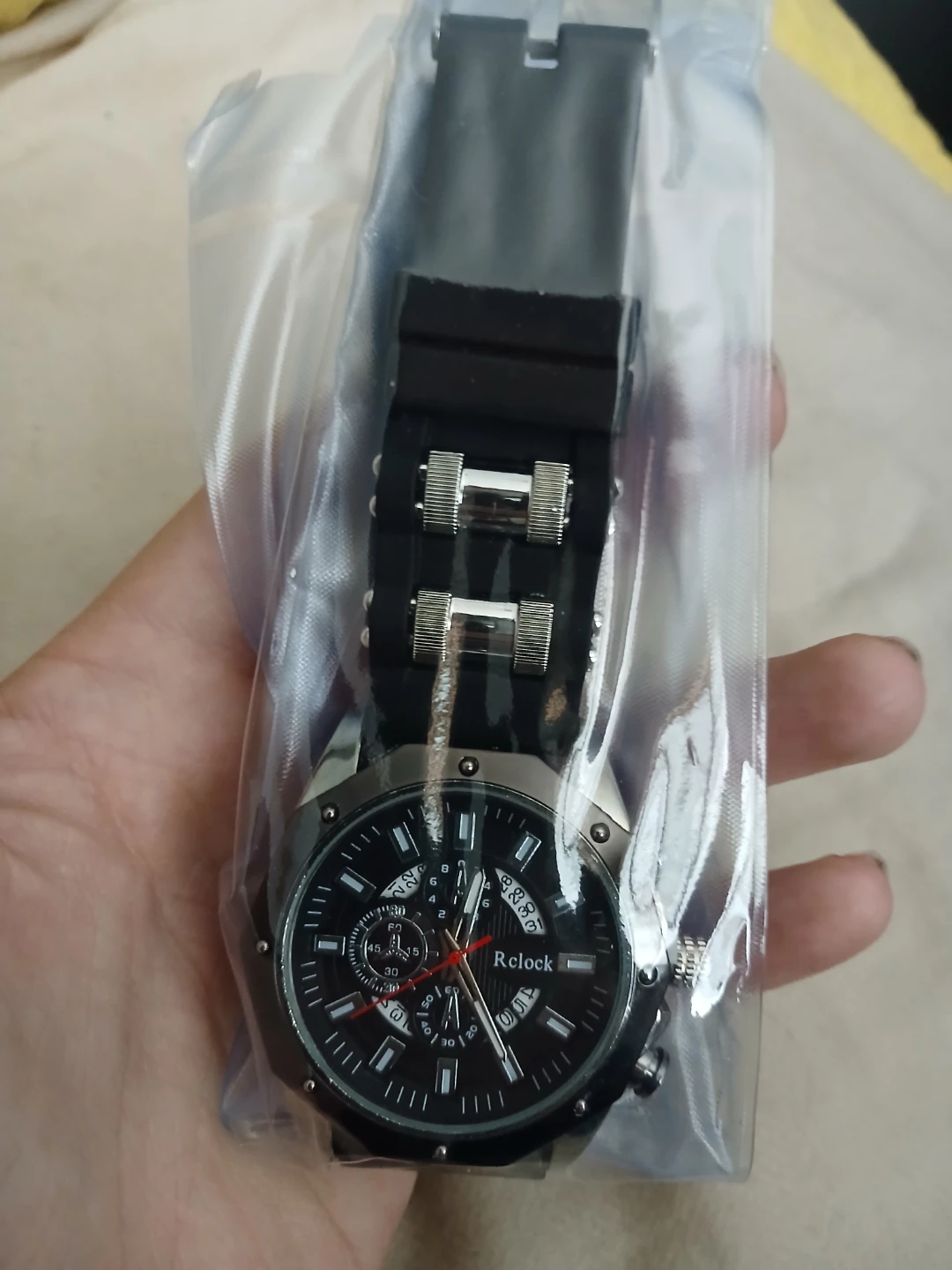 Rclock Watch With Black & Silvery Wrist Band & Black Watch Face