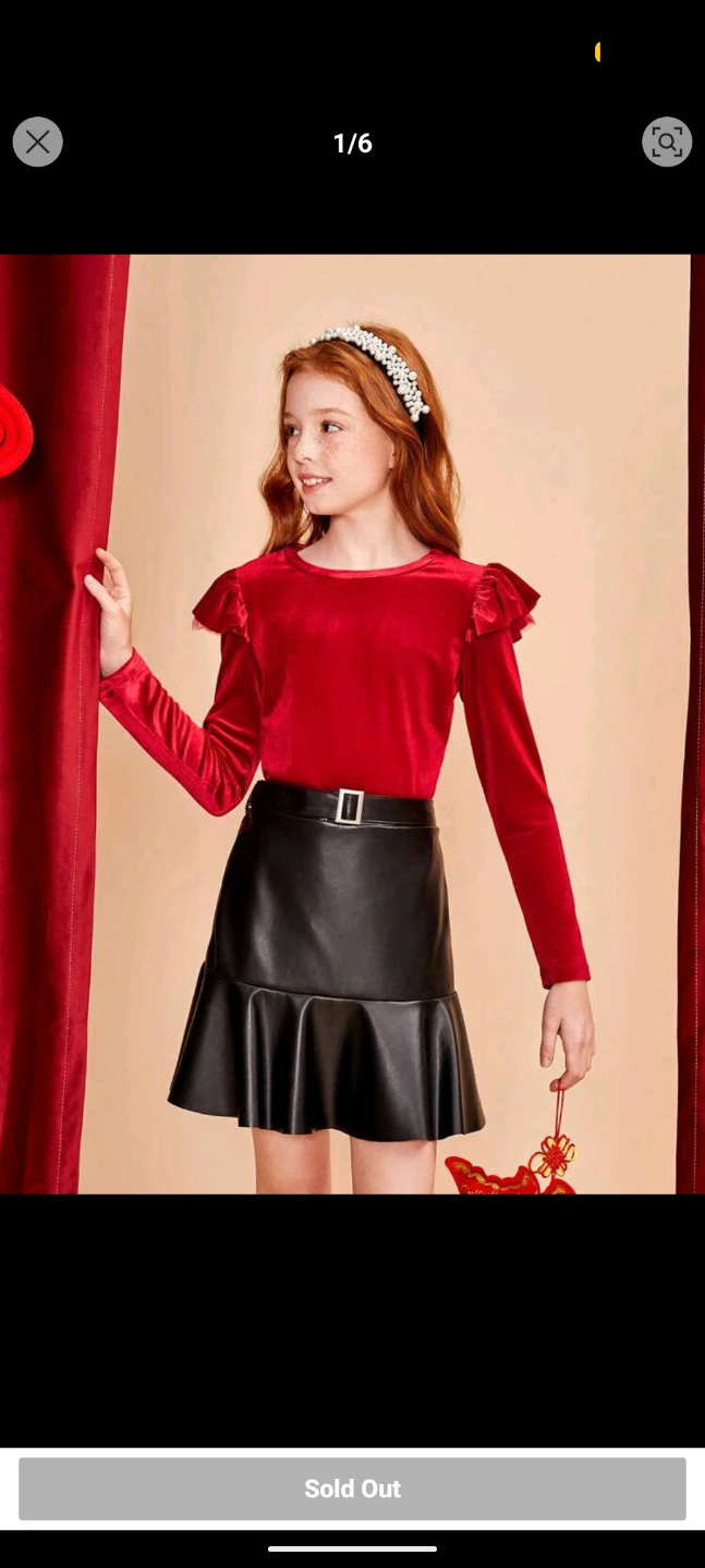 Girls Red Velvet Top & Black Faux Leather Skirt Set - photo 4