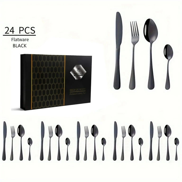 NeW 24 Piece Black Stainless Steel Flatware Set