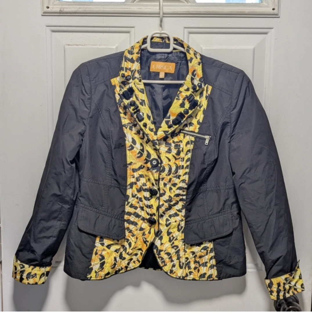 CRISCA Black & Yellow Leopard Print Blazer Jacket