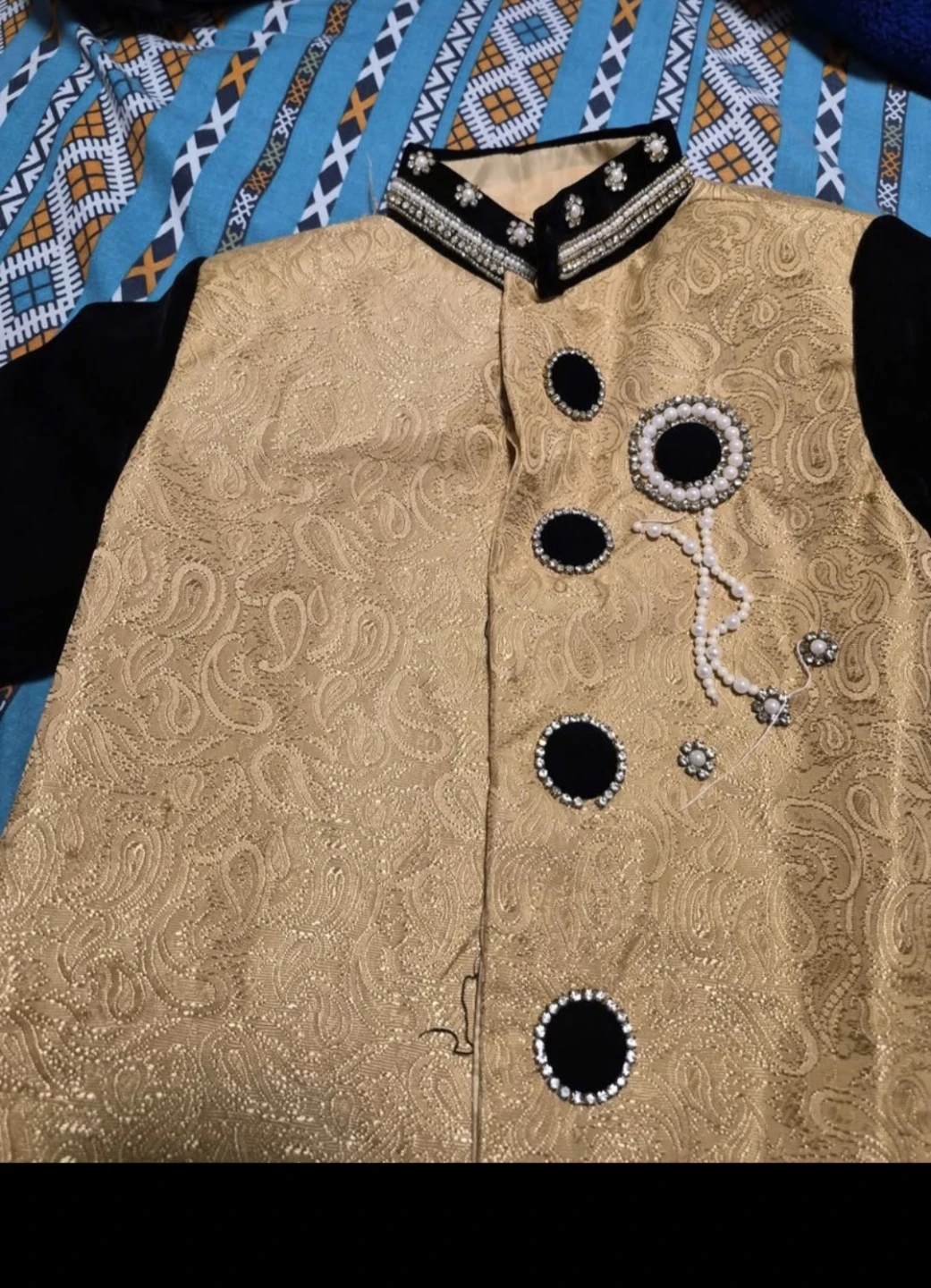 Gold Brocade Sherwani with Black Velvet Sleeves - photo 2