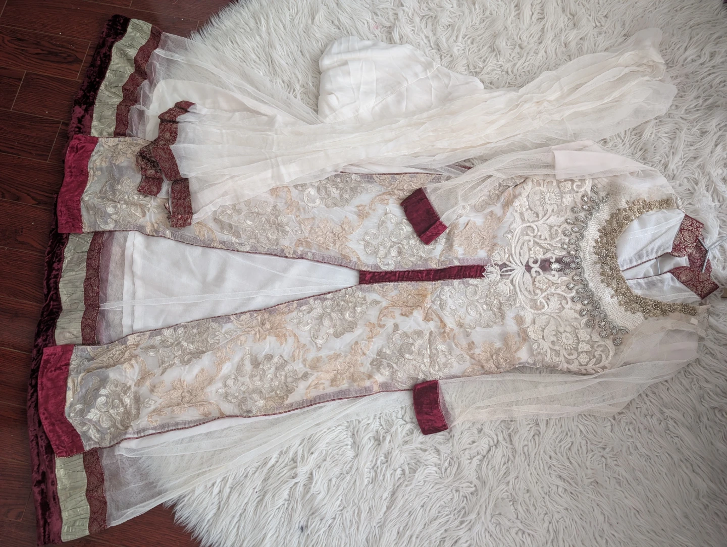 Designer Hand Embroidered White and Maroon Women's Dress