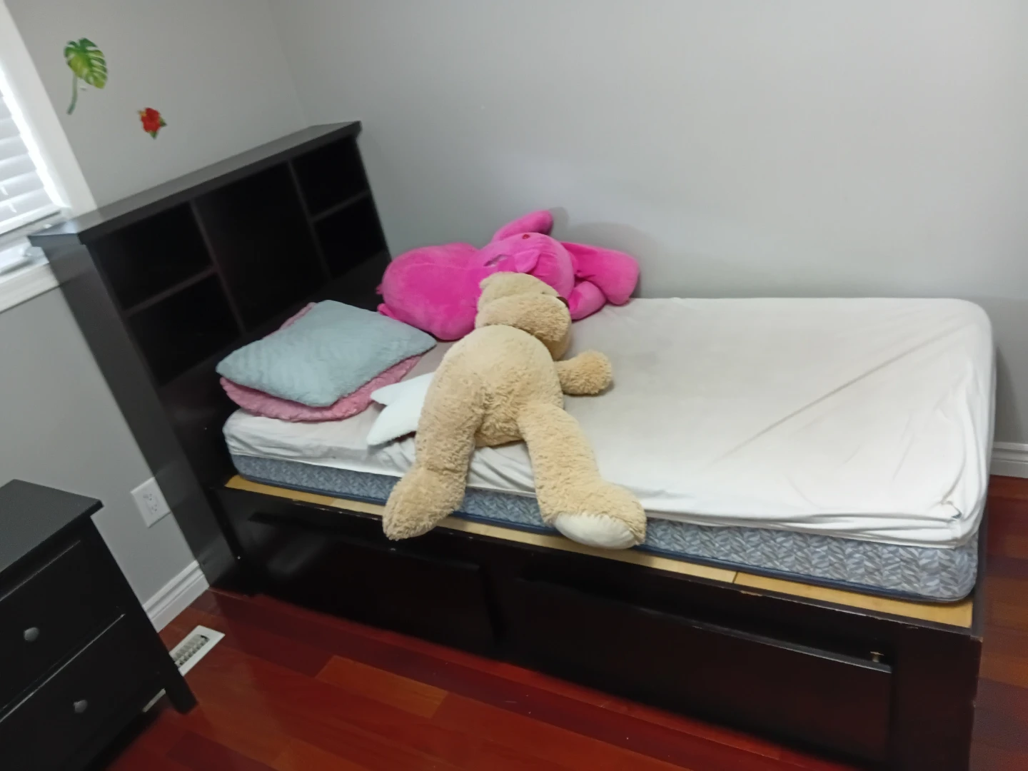 Dark Wood Twin Bed Frame with Storage Headboard