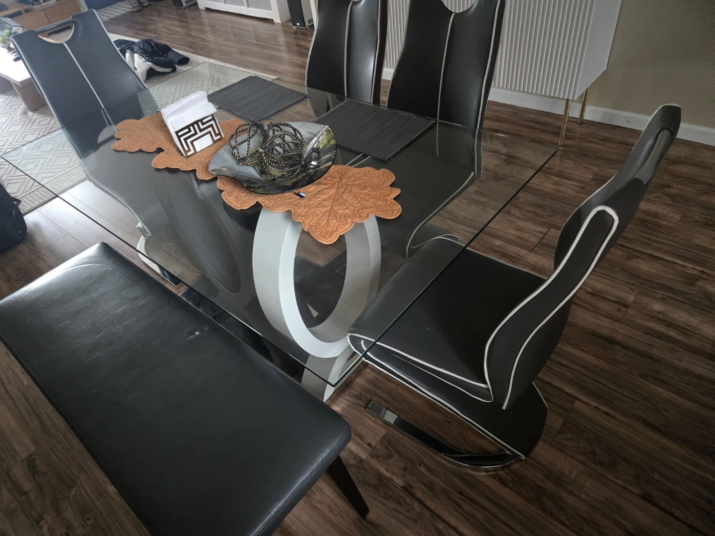Glass Dining Table with 4 Chairs+1 and Bench and table clothing - photo 2