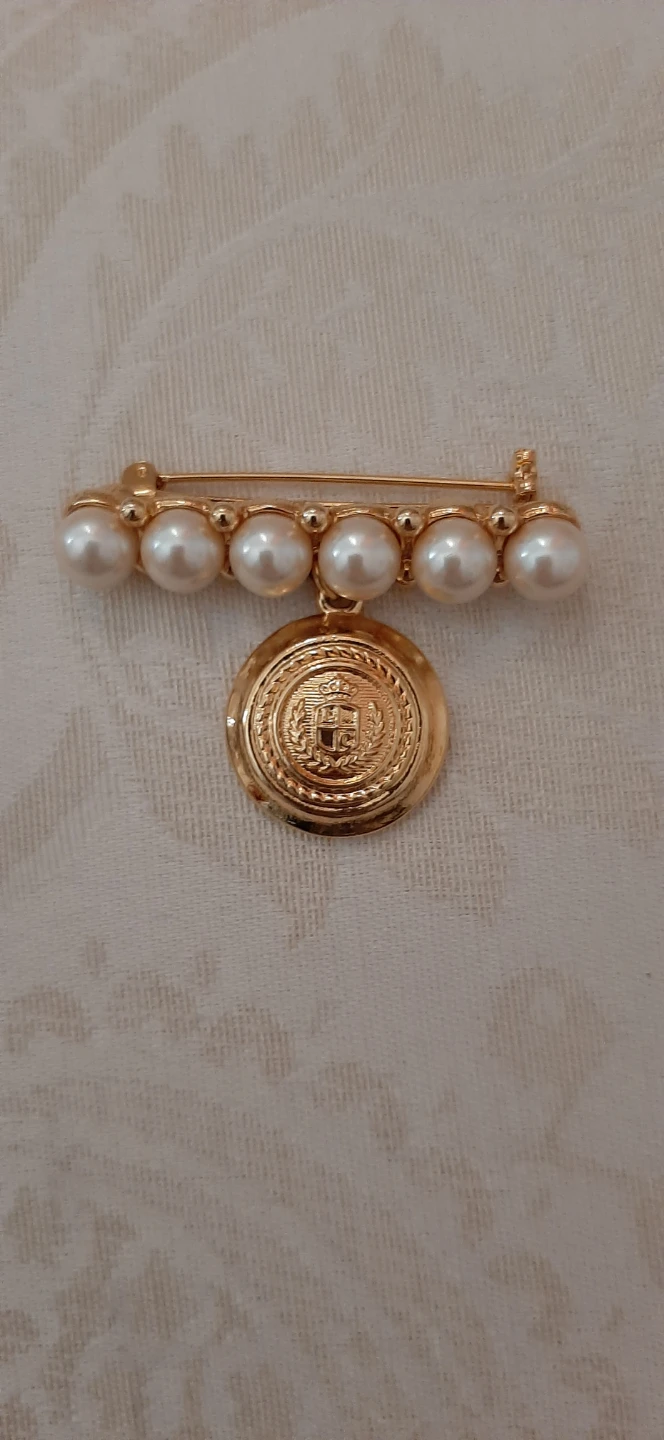 1980's Signed LCI Liz Claiborne Faux Pearl Bar Pin with Charm