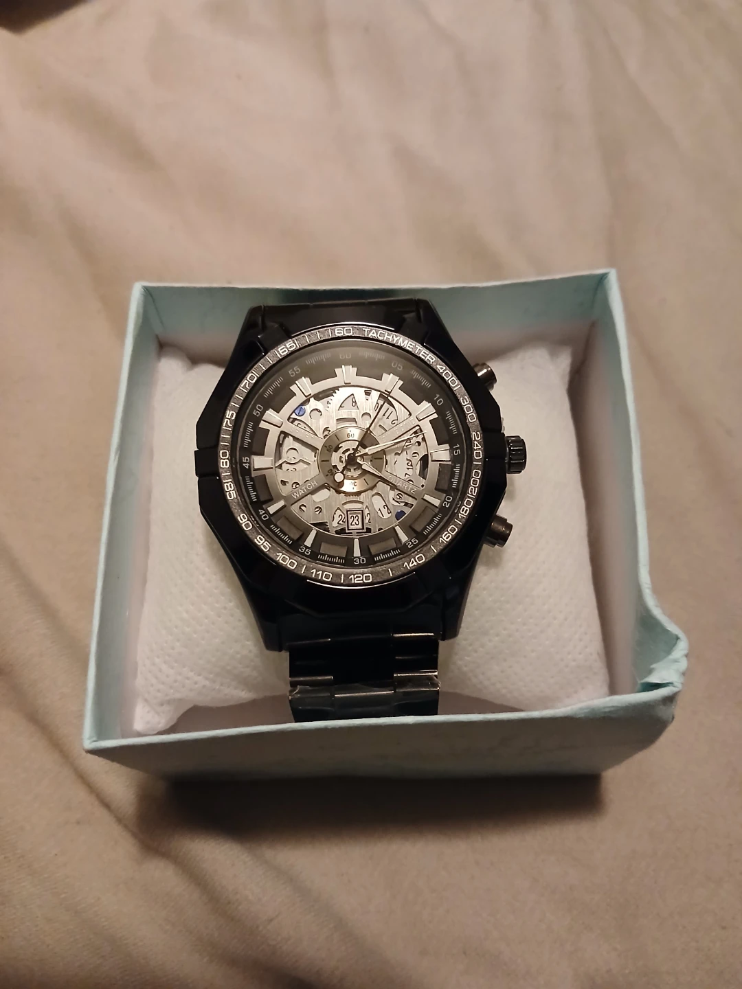 Black Skeleton Quartz Watch with Date Function