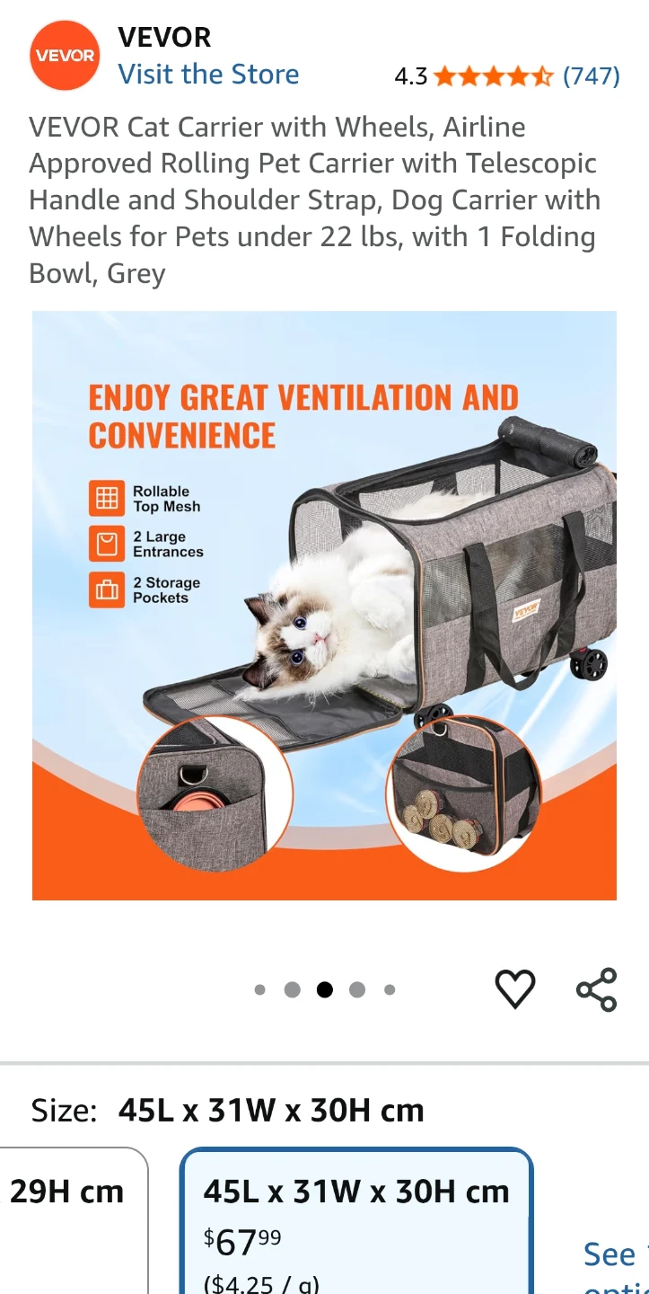VEVOR Rolling Pet Carrier with Wheels and Folding Bowl - Grey - photo 2