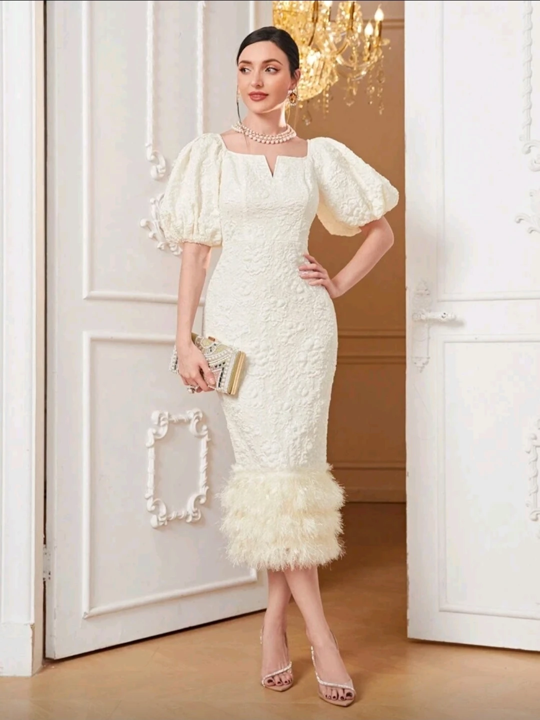 Large Cream Lace Puff Sleeve Dress with Feather Trim