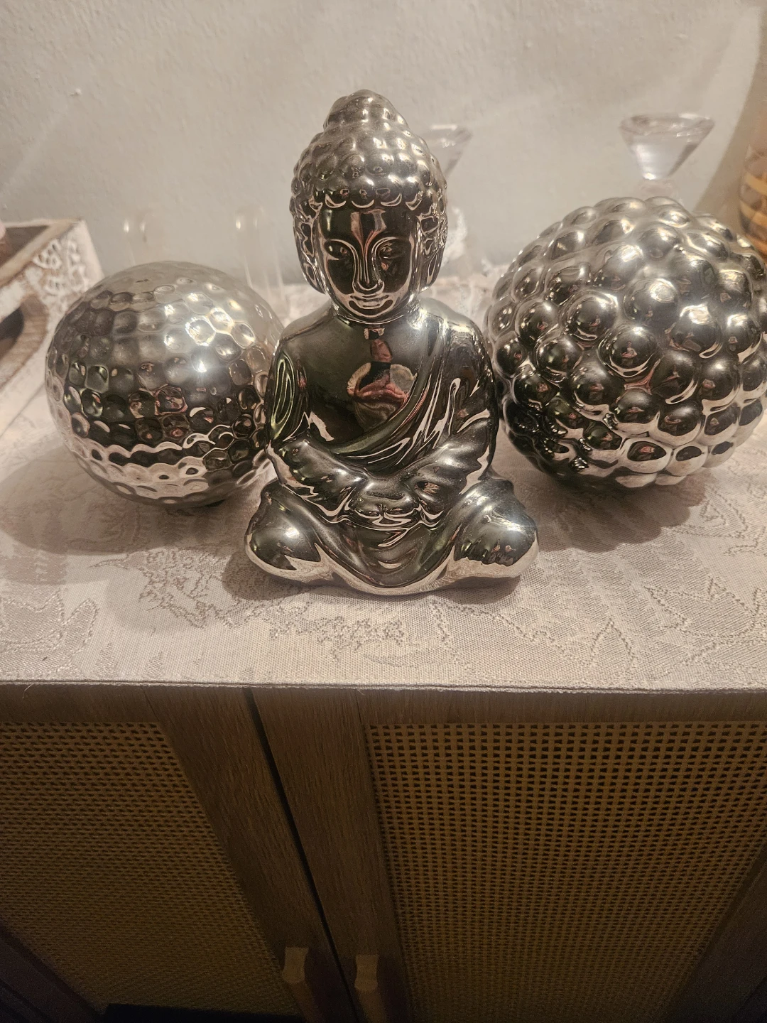 Silver Buddha Statue with ceramic Decorative Spheres