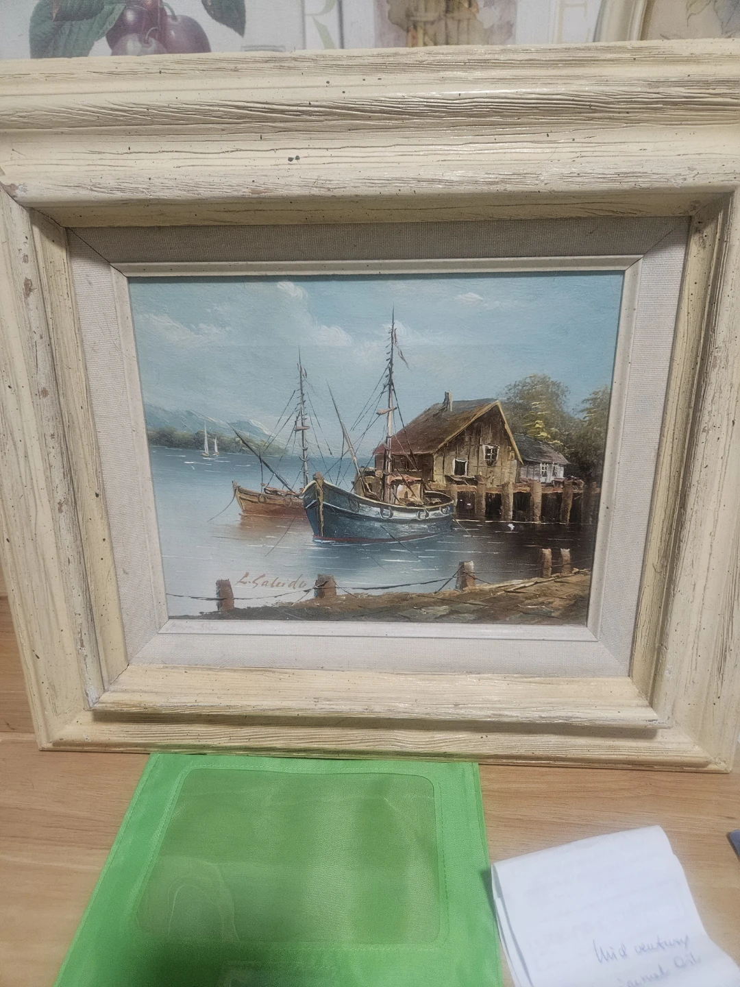 Framed "Boats at Dock" Oil Painting by L. Salcido