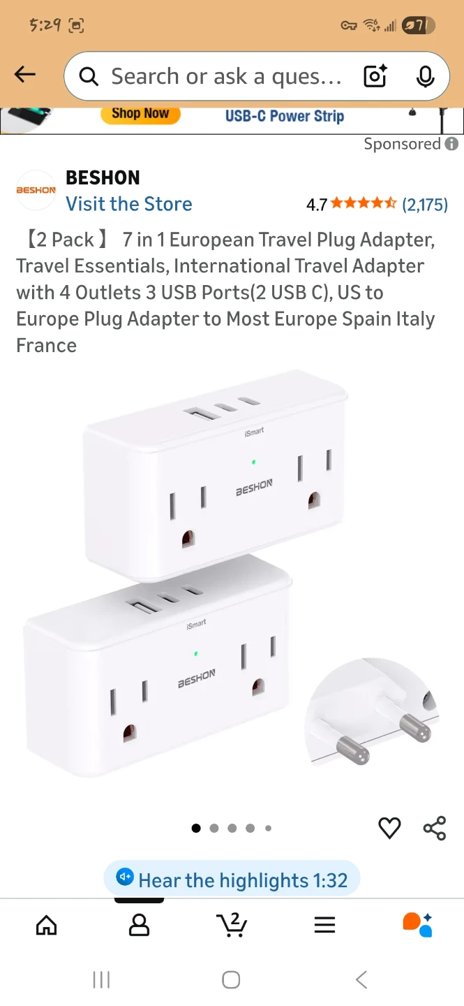 2 Pack 7-in-1 European Travel Plug Adapter with 4 Outlets