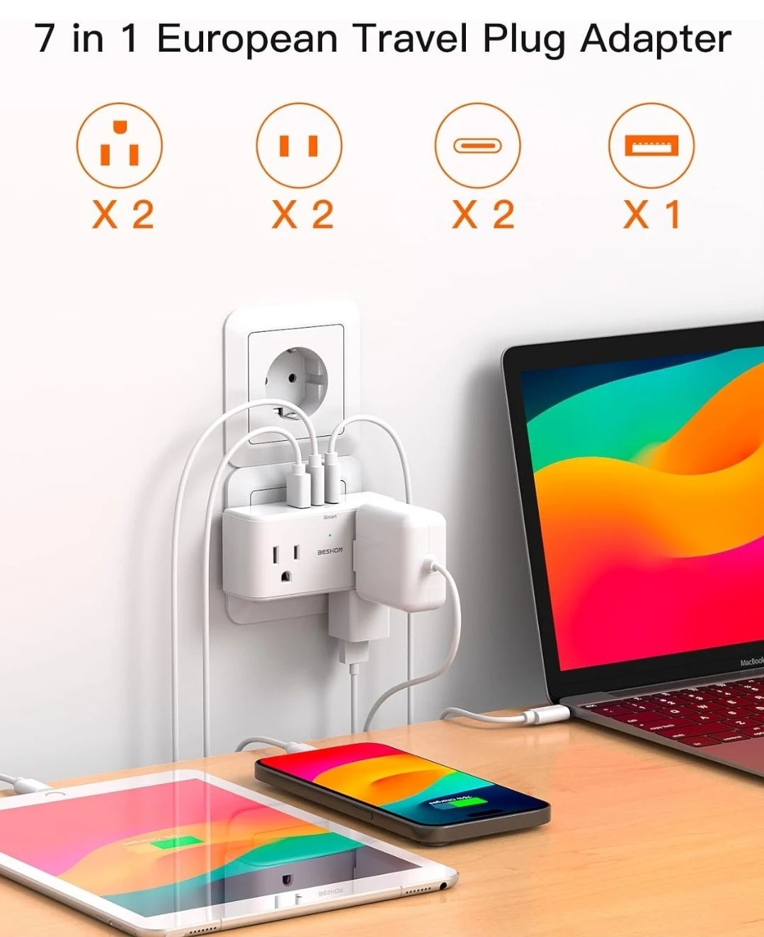 2 Pack 7-in-1 European Travel Plug Adapter with 4 Outlets - photo 2