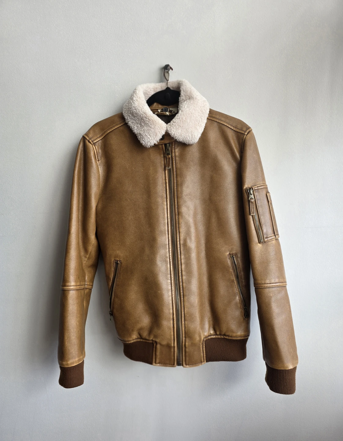 Brown Faux Leather Bomber Jacket with Sherpa Collar